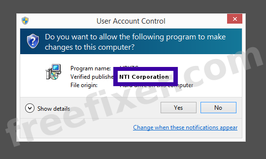 Screenshot where NTI Corporation appears as the verified publisher in the UAC dialog